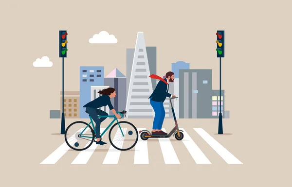 Femme Vélo Homme Affaires Scooter Électrique Voyager Travail Ville Crossing — Image vectorielle