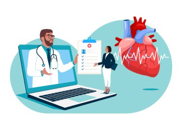 Çevrimiçi Doktor kardiyolog bir hastaya danışmanlık yapıyor. Kardiyovasküler sistem için vektör çizimi, kardiyoloji, tıbbi muayene konuları. Kalp hastalığı araştırması. 