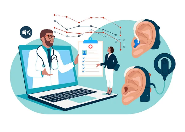 Audiologiste Ligne Ent Doctor Onsultate Avec Patient Internet Medical Hospital — Image vectorielle