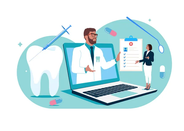 オンライン歯科医は患者と相談する 歯のケア 健康的な口の衛生 歯の問題 フラットスタイルの現代的なベクトルイラスト インターネット医療病院診断 平面ベクトル図 — ストックベクタ
