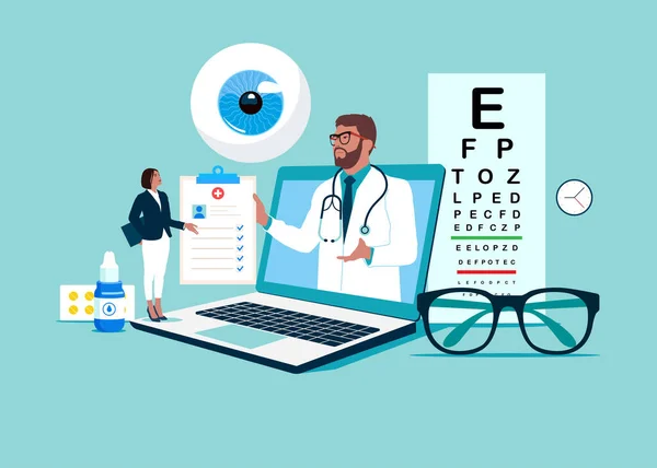 オンライン医者は患者と相談する 眼科治療です 目のケアと視力診断テスト フラットスタイルの現代的なベクトルイラスト — ストックベクタ