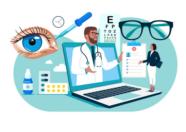 Online Doktor Oftalmologie Konzultuje Pacientem Oftalmologické Ošetření Péče Oči Oční — Stockový vektor