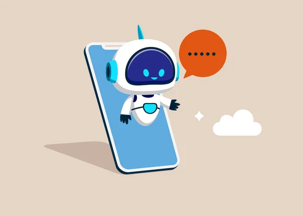 Yapay zeka robot asistanı. İnternetten müşteri desteği. Chatbot akıllı telefon ekranında. Dijital teknoloji geliştiricileri. Düz biçimli modern vektör illüstrasyonu