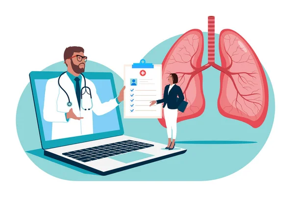 온라인 의사와 환자가 호흡계 검사와 질병이나 문제가 있는지 검사한다 인터넷 — 스톡 벡터