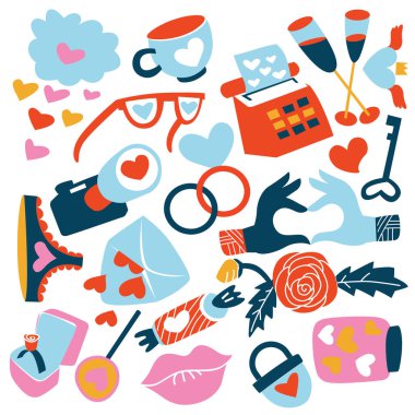 Sevgi Yassı Tasarım Vektörü İllüstrasyonu. Bir dizi düğün eşyası. Sevgililer Günü