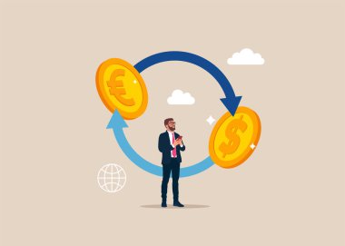 Döviz bürosu. Avrodan dolara simge konsepti. Para transferi. Düz vektör çizimleri.