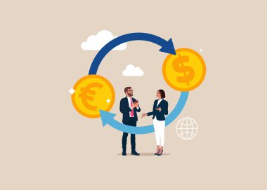 Döviz bürosu. Avrodan dolara simge konsepti. Para transferi. Düz vektör çizimleri.