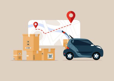 Çevrimiçi alışveriş ve teslimat servisi. Varış yeri ve yolu işaretleyen GPS navigatörü. Konumlar toplu iğne ile işaretlenmiş. Teslimat servisi. Düz vektör çizimleri.