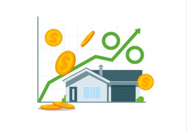 Ev ve ok yukarı bakıyor. Gayrimenkul, yatırım ve büyümede ev kredisi faizlerinin artırılması. Düz biçimli modern vektör illüstrasyonu