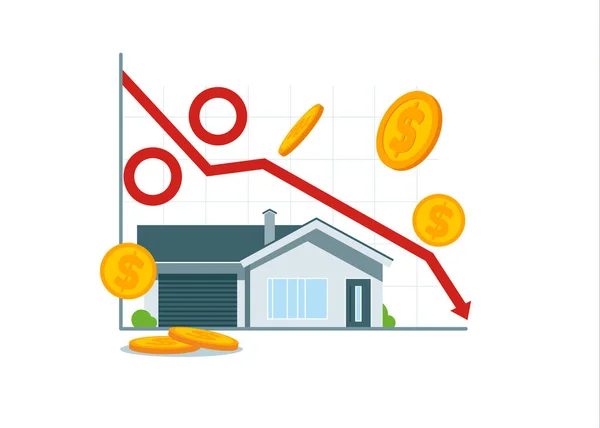 Casa Flecha Apontando Para Baixo Diminuir Taxas Juros Empréstimo Casa — Vetor de Stock