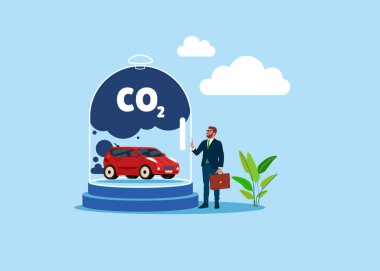 İş adamı cam kubbe ile ayakta duruyor güçlü bir koruma arabadan duman alıyor, hava kirliliği, karbondioksit. Karbon Yakalama Teknolojisi araştırması. Düz biçimli modern vektör illüstrasyonu