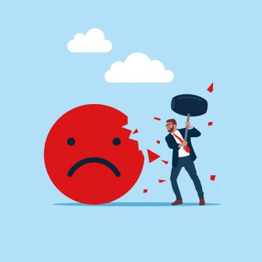 İşadamı balyoz kullanıp emoji işaretine saldırıyor. Ürün için iyi bir eleştiri, reyting ürüne. Düz vektör illüstrasyonu.