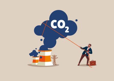İş adamı karbonu çekiyor, karbondioksit seviyesini düşürüyor. Hava kirliliğini, karbondioksiti, ekolojik sorunları durdurmak için. Zararlı endüstri emisyonlarını azaltmak. Düz biçimli modern vektör illüstrasyonu