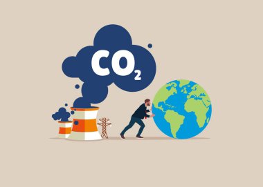 Dünya gezegenini iklim değişikliğinden kurtarmaya çalışan bir iş adamı. CO2 salınımı. İklim değişikliği sorunu. Düz vektör illüstrasyonu