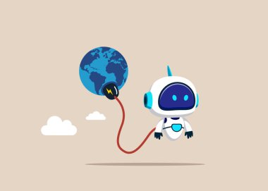 Yeryüzünden enerji emen elektrik prizli yapay zekaya sahip robot. Düz vektör illüstrasyonu