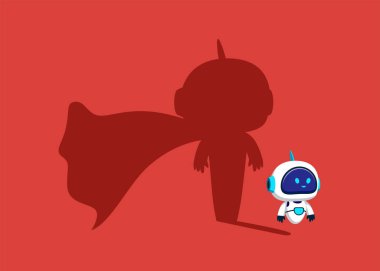 Yapay zekaya sahip robot süper kahraman olma hayali kuruyor. Kendine güvenen yakışıklı robot süper kahraman gölge çizimi.