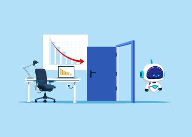 Robot 'u yapay zekayla kovdu. İşsizlik, işini kaybetmek, küresel kriz. Düz vektör illüstrasyonu