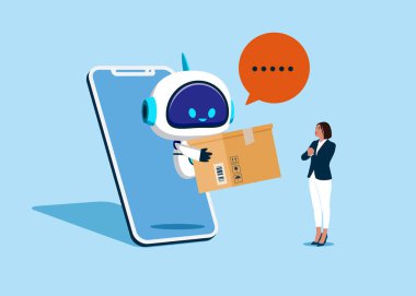Çevrimiçi dağıtım. Akıllı telefon ekranındaki Cyborg ulak kutusunu müşteriye veriyor. Kadın nakliyeciden bir kutu alır. Teslimat servisi. Düz vektör illüstrasyonu.
