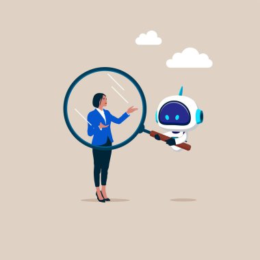 Yapay zekaya sahip robot iş kadınına büyüteç zum yapıyor. Şirket çalışanlarını işe alma konsepti. Düz biçimli modern vektör illüstrasyonu