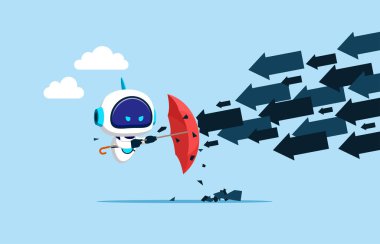Yapay zekaya sahip robot düşen oka karşı şemsiyeyi kullandı. Düz vektör illüstrasyonu.