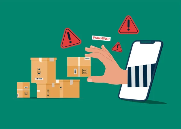 Stock vector Thief steals parcels in post office via smartphone. Steals cardboard boxes. Flat vector illustration