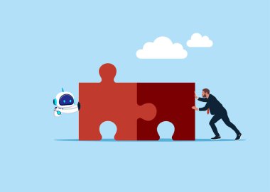 İş adamı ve robot iki yapboz unsurunu itiyor. Birlikte çalışmanın sembol çalışması, işbirliği, ortaklık. Düz biçimli vektör illüstrasyonu.