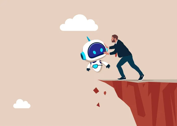 stock vector Businessman push a robot to throw it down off a cliff. Misunderstanding human and robot with artificial intelligence. Flat vector illustration