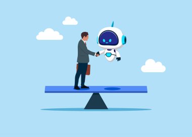 İş adamı ve robot tokalaşması. Denge tahterevallisi üzerinde başarı müzakereleri. Teknoloji, anlaşma, birleşme ve satın alma pazarlıkları. Düz vektör illüstrasyonu.