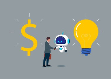 Yapay zekaya sahip iş adamı ve robot el sıkışıyor. Yaratıcı projelere ve yeniliğe finansal yatırımlar. Düz vektör illüstrasyonu.