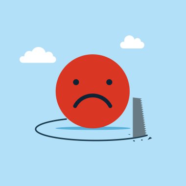 Hırsız, emoji işaretini düşürmek için zemini testereyle kesmiş. Piyasa düşüşü, teknoloji çöküşü ve fiyat krizi. Ürün için kötü eleştiri, reyting ürüne. Düz vektör illüstrasyonu.