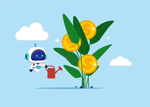 Yapay zekaya sahip robot para yetiştirme bitkisini sulamayı bitirdi. Finansal ve yatırım artışı. Düz vektör illüstrasyonu