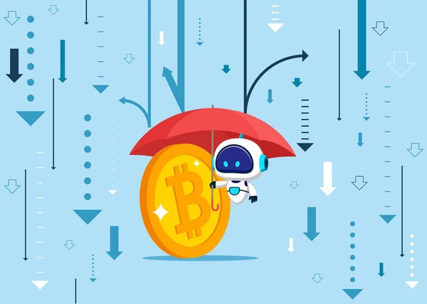 ロボットとの傘の下でお金ビットコイン 事業所得保護 フラットモダンなベクトルイラスト — ストックベクタ