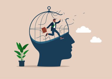 Büyük Kafalı Adam 'ın kafesini kıran iş adamı, gelişim zihniyeti kavramını düşün. Zihin hapishanesinden kaçmak. Vektör illüstrasyonu.