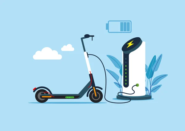 生態都市交通 電動スクーターのバッテリー充電器 公共用スクーター充電ステーション 生態環境のための持続可能なグリーンエネルギー 平面ベクトル図 — ストックベクタ