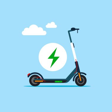 Elektrikli scooter logosu. Ekolojik şehir ulaşımı. E-scooter ve şarj aleti. Kamu scooter şarj istasyonu. Çevre için sürdürülebilir yeşil enerji. Düz vektör illüstrasyonu