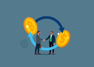 İş ekibi ve robot tokalaşması. Döviz bürosu. Bitcoin 'den dolar ikonu konseptine. Para transferi. Düz vektör çizimleri. 