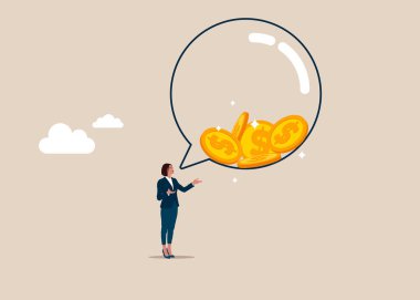 Metal madeni paralarla dolu bir konuşma balonu. Para konuşur. Düz vektör illüstrasyonu