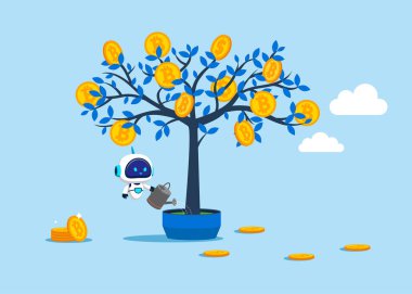 Yapay zekaya sahip robot para ağacından bitcoin toplamayı ve büyümeyi bitirdi. Finansal ve yatırım artışı. Düz vektör illüstrasyonu