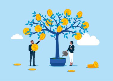 İş adamları para ağacından para topluyor. Finansal ve yatırım artışı. Düz vektör illüstrasyonu