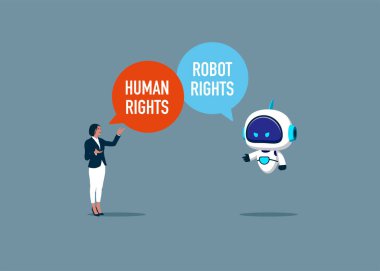Yapay zekâlı bir robota karşı kadın hakları savunucusu. Düz vektör illüstrasyonu