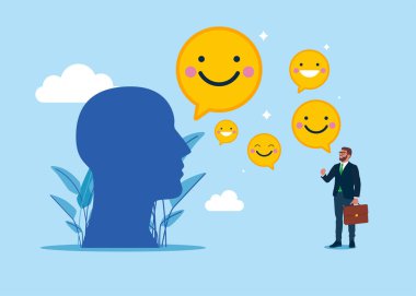 Mutlu iş adamı ve insan kafası gülen surat emojisi taşıyor. Çalışanların mutluluğu, iş memnuniyeti, şirket yararları, olumlu tavırlar. Düz vektör illüstrasyonu