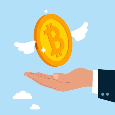 Kanatlı altın bitcoin ile el. Kuş gibi özgürce uçuyor. Finansal başarı, yatırım, kâr payı. Düz vektör illüstrasyonu