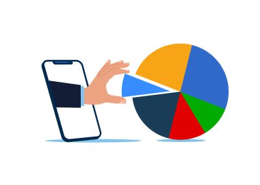 Yatırım varlıkları tahsisi ve yeniden dengelenmesi. Pasta grafiğini akıllı telefondan ayarla. Düz vektör illüstrasyonu