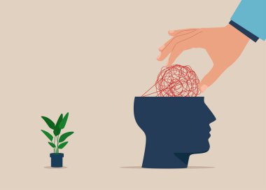 Terapist hasta kafasındaki karmaşayı ortadan kaldırmaya yardım ediyor. Psikoloji desteği. Vektör illüstrasyonu.