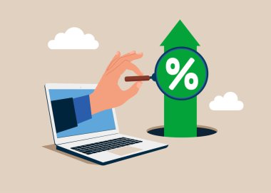 Diz üstü bilgisayar işadamı elinde büyüteçle grafik yüksekliğini görüyor. Yatırımdan kazanç. Düz vektör illüstrasyonu.