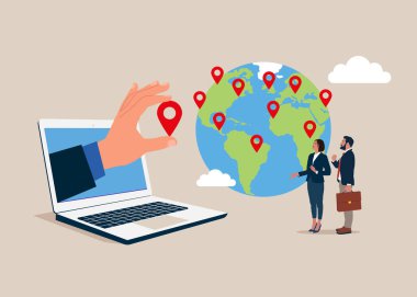 Laptop iş ekibi sayesinde dünya haritasına yeni bir şube pimi yerleştirdi. Düz vektör illüstrasyonu