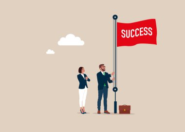 İş adamı ve kadın başarı konseptiyle bayrak kaldırıyor. Düz biçimli modern vektör illüstrasyonu