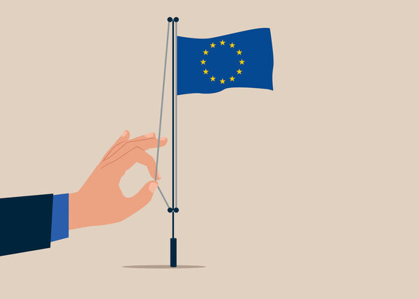 Success businessman raising waving flag of European Union. Vector illustration.