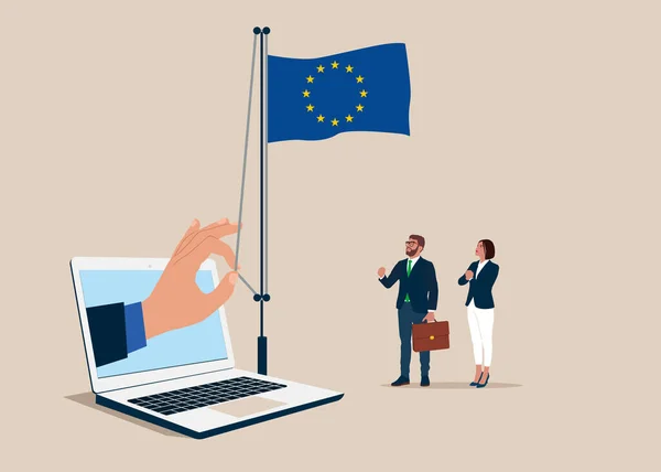 stock vector Business people and through the laptop hand businessman raising waving flag of European Union. Vector illustration.