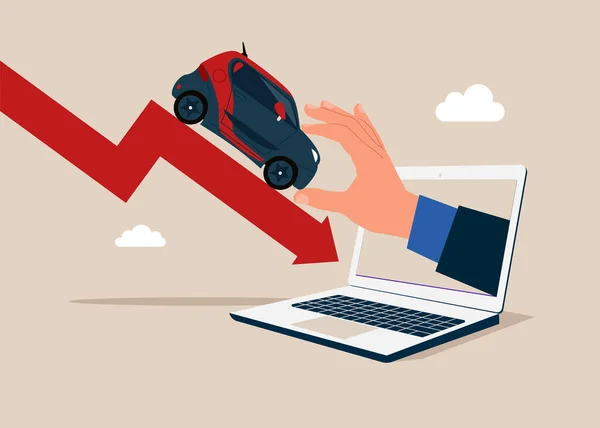Affärsman Genom Laptopen Håller Bilen Fordonsmarknaden Håller Att Falla Global — Stock vektor